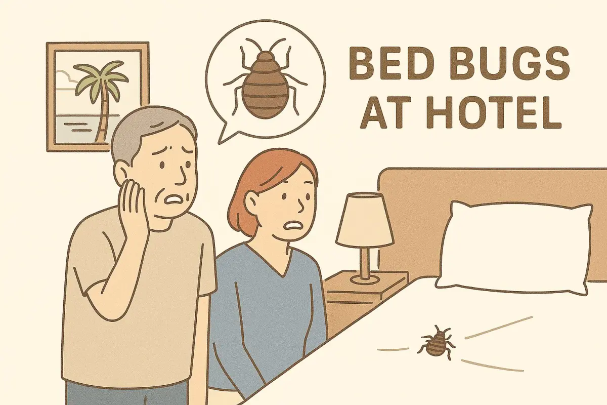 ハワイのホテルでベッドバグ（南京虫）に驚く中年カップルのイラスト。ベッドの上に虫が見える