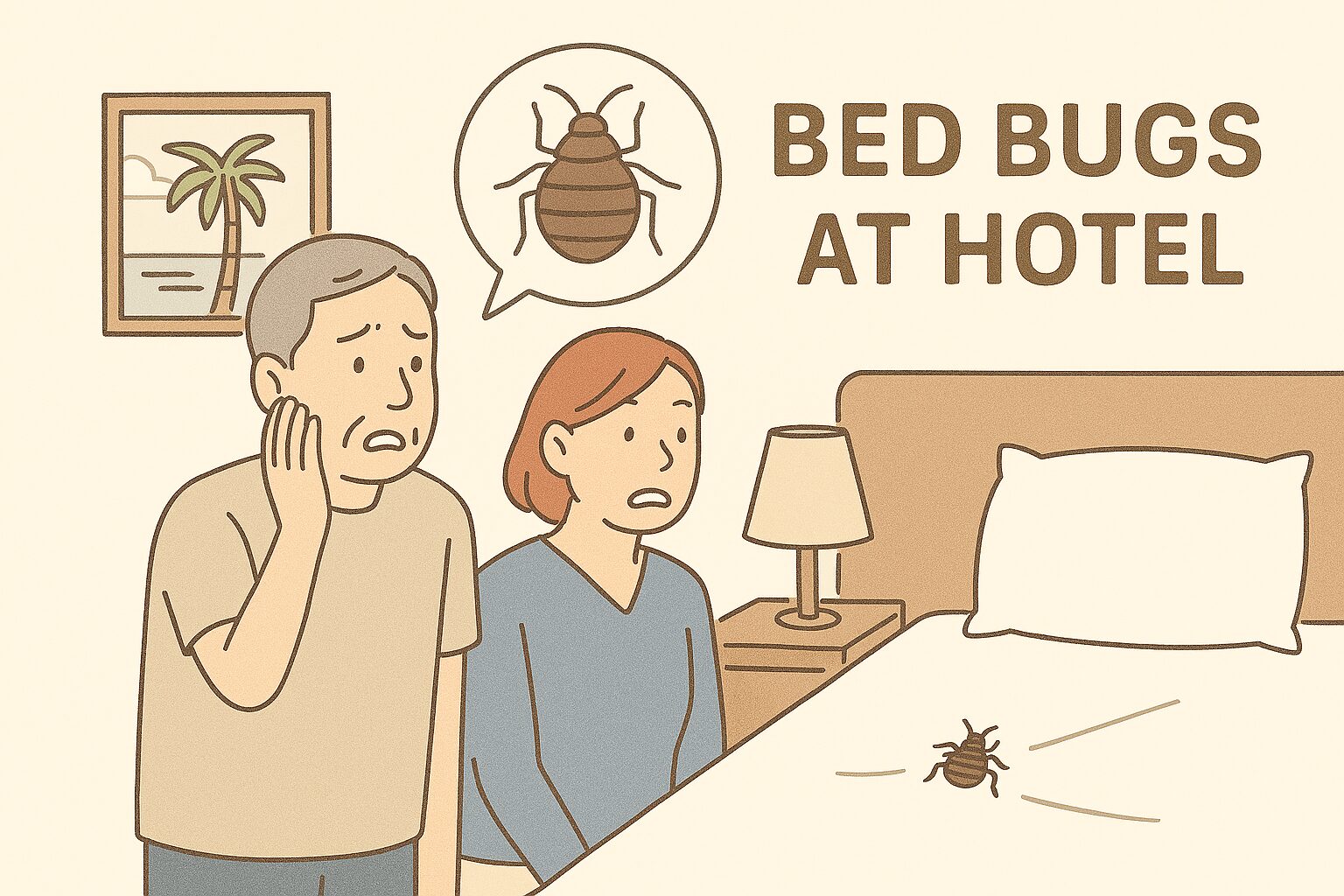 ハワイのホテルでベッドバグ（南京虫）に驚く中年カップルのイラスト。ベッドの上に虫が見える