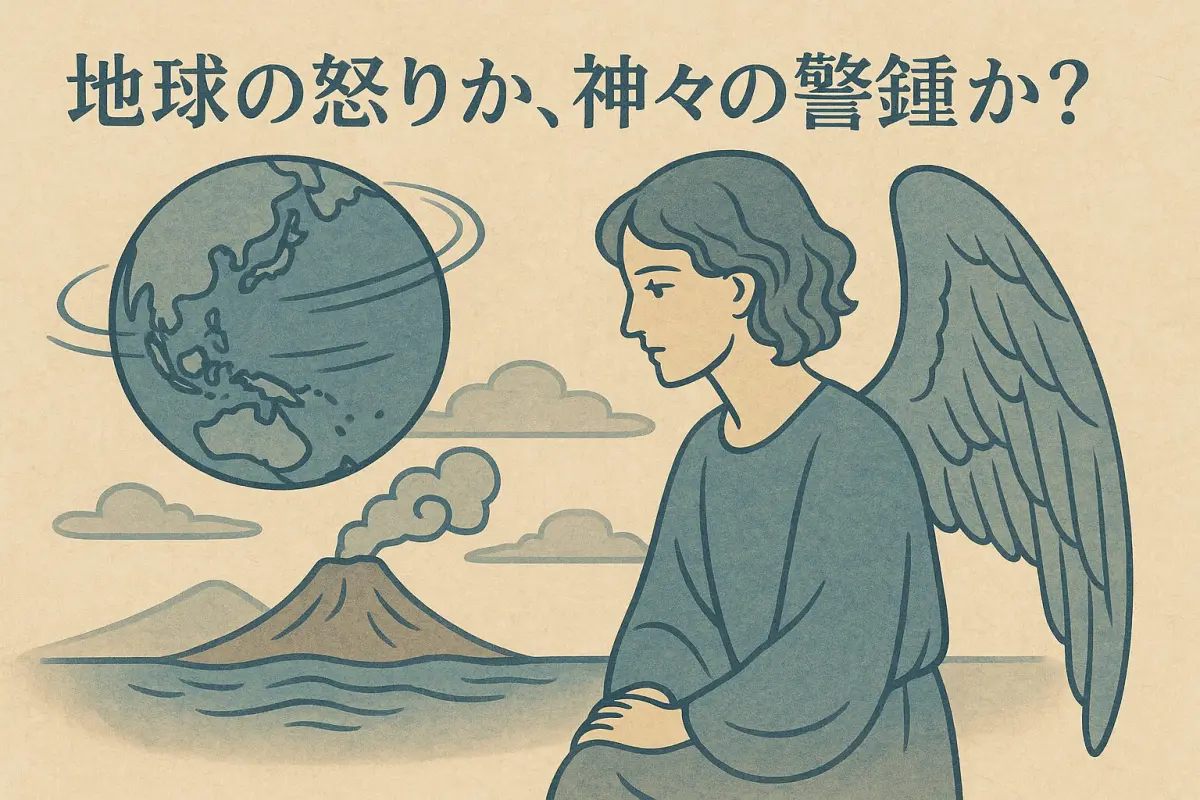 火山と地球を見つめる穏やかな堕天使を描いた和風フラットスタイルのイラスト。