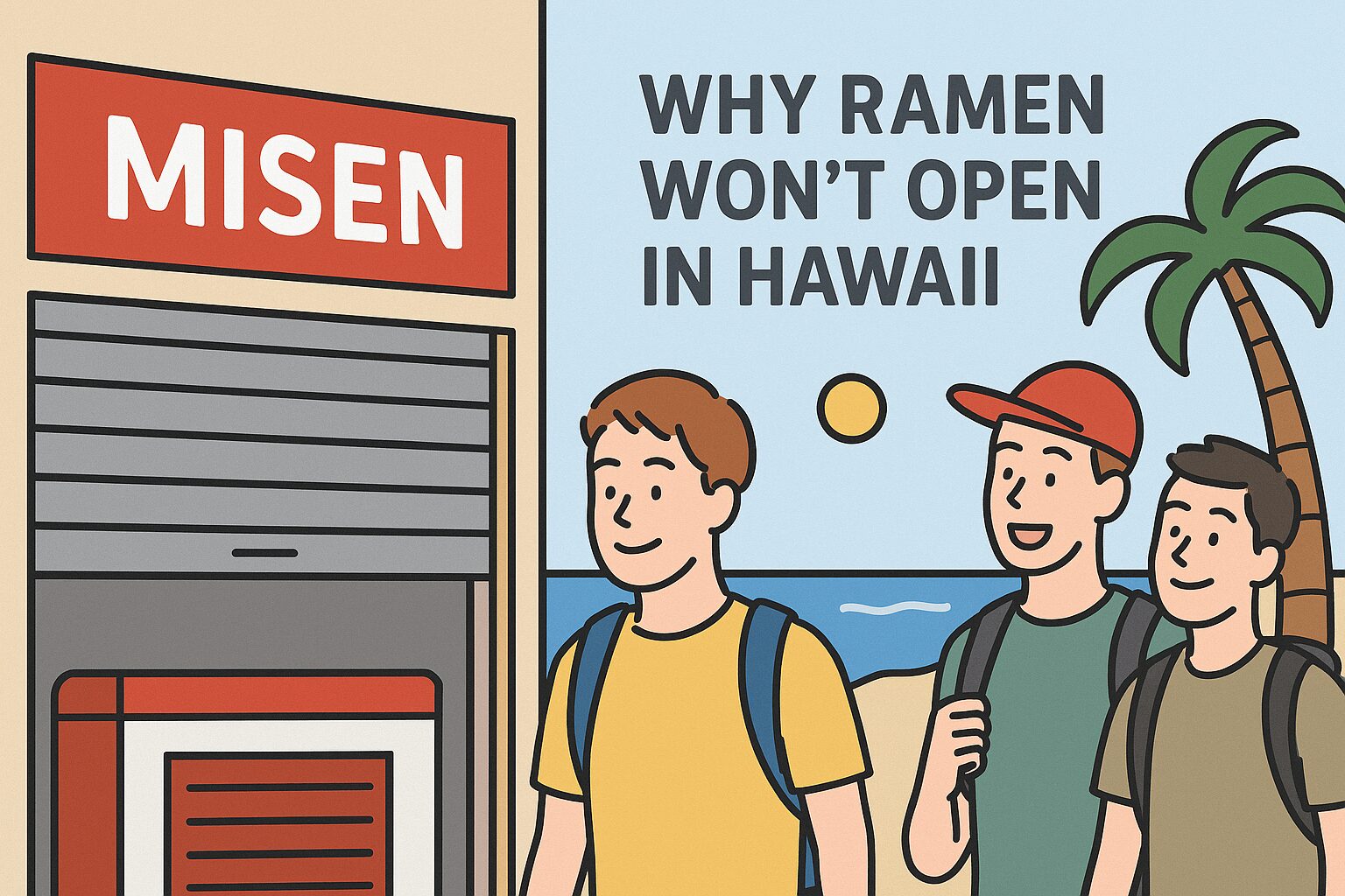 Three young male tourists in Hawaii walk past a closed Misen ramen restaurant near the beach under a sign that reads "Why Ramen Won’t Open in Hawaii."