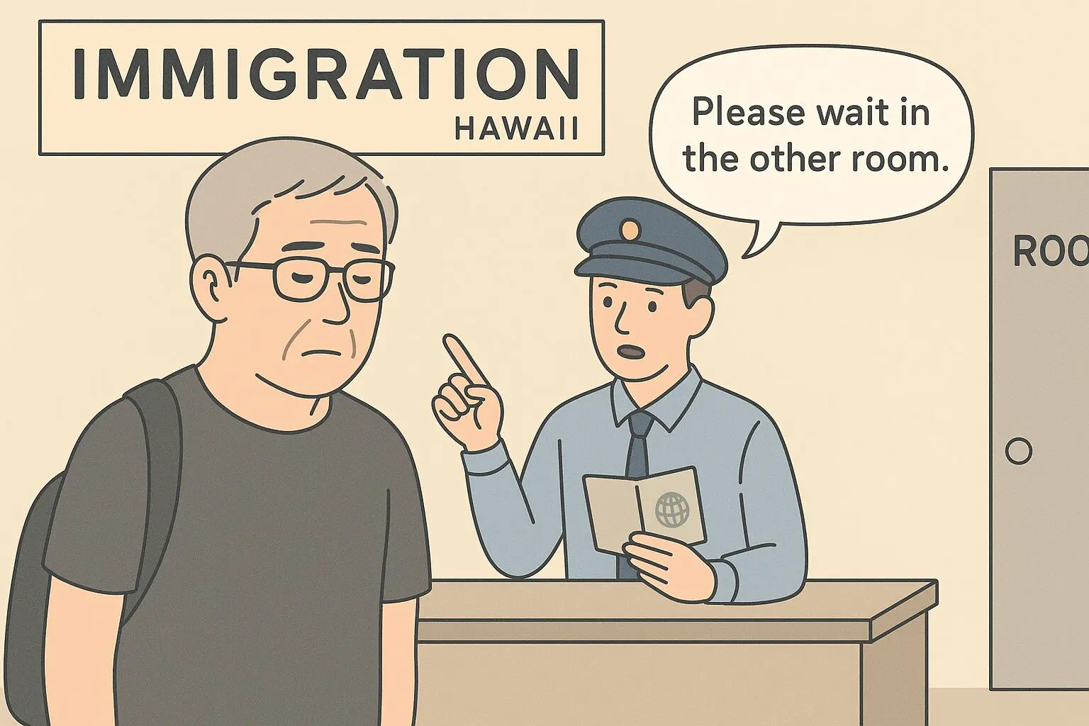 ハワイの入国審査で中年男性が別室に案内される場面を描いたイラスト