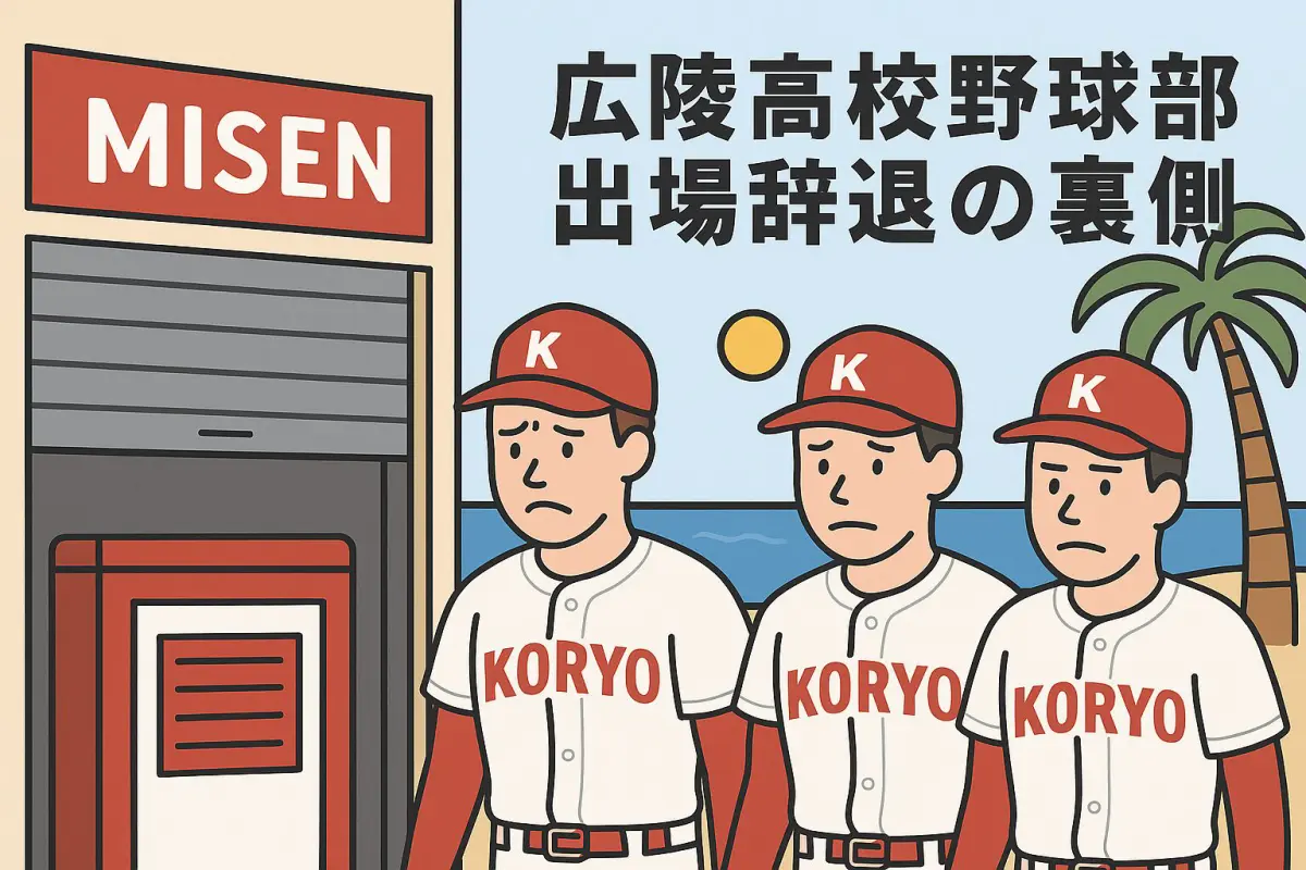 堕天使のうら話ブログ用イラスト。広陵高校野球部員の3人がユニフォーム姿で沈痛な表情を浮かべ、背景にハワイの海と閉店した店舗が描かれている。