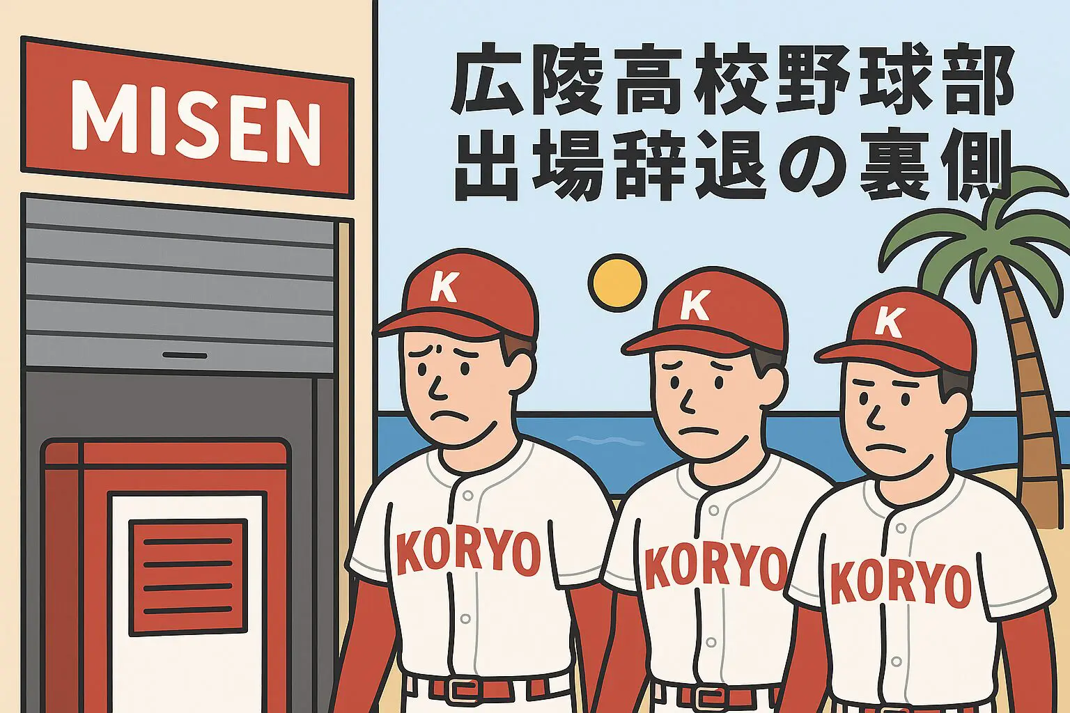 堕天使のうら話ブログ用イラスト。広陵高校野球部員の3人がユニフォーム姿で沈痛な表情を浮かべ、背景にハワイの海と閉店した店舗が描かれている。