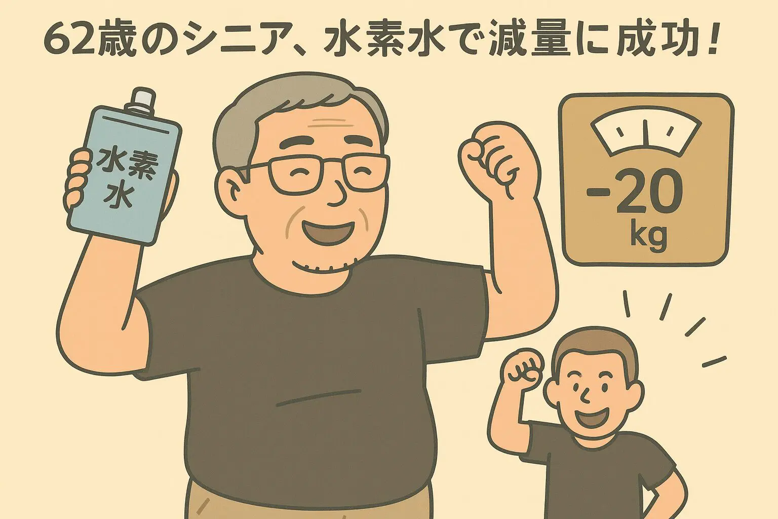 「62歳シニア男性がナチュラリープラスの水素水をお守り代わりに飲み、2ヶ月で20キロ減量に成功したことを喜ぶイラスト」