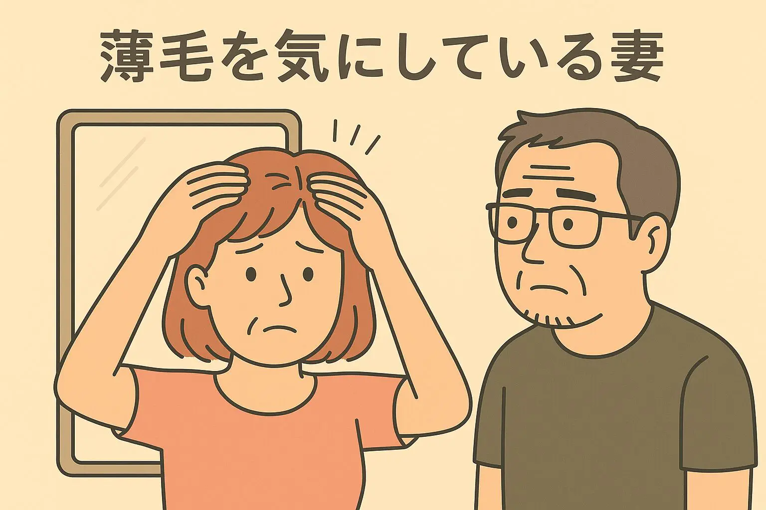 「薄毛を気にして鏡の前で頭を押さえる妻と、それを心配そうに見守る夫のイラスト」