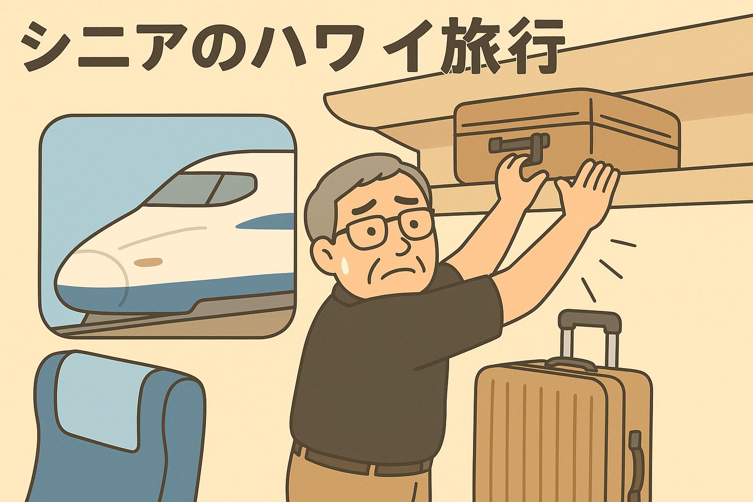 シニアのハワイ旅行、新幹線でスーツケース置き場に困るシーンのイラスト