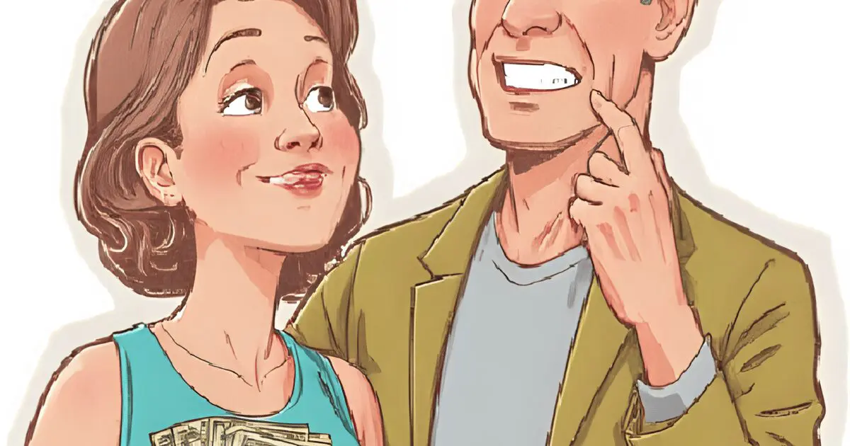 美人局で男性を騙しお金を得る女性と笑顔の男性のイラスト