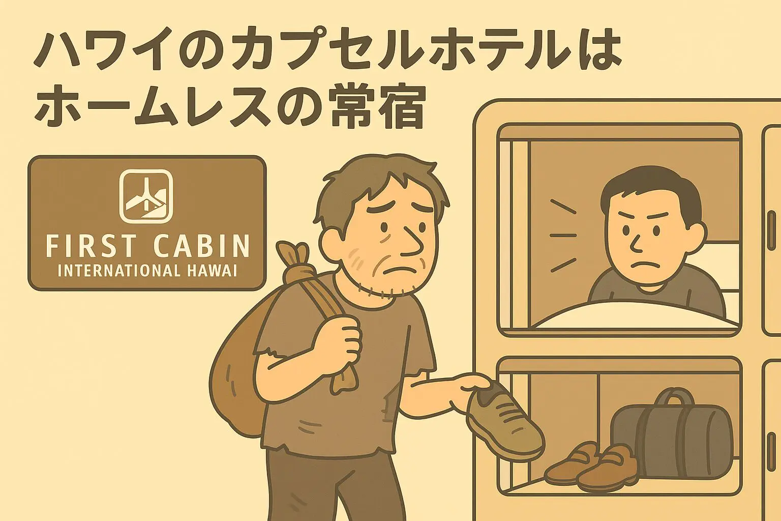 ハワイ初のカプセルホテル「ファーストキャビンインターナショナルハワイ」はホームレスが多く利用する実態を描いたイラスト